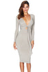 Sexy Grey Multi-way Deep V Neck Knot Tie Long Sleeve Midi Dress